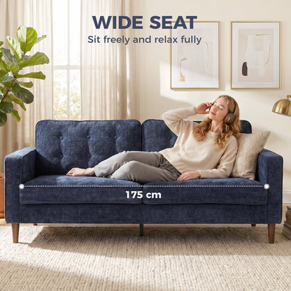 HOMCOM 3 Seater Sofa Button Tufted Upholstered Couch with Wood Legs for Living Room, Dark Blue