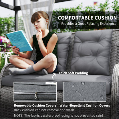 Outsunny Garden PE Rattan Dining Sofa Set, Outdoor 4 Seater Wicker Furniture, High Back Chairs with Cushions, Tempered Glass Coffee Table for Patio, Light Grey