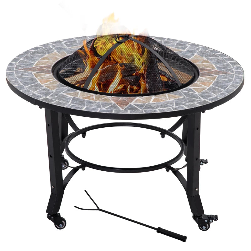 Outsunny 3-in-1 Outdoor Fire Pit on Wheels, Mosaic Garden Table, Patio Heater with Cooking BBQ Grill, Firepit Bowl with Screen Cover, Fire Poker for Backyard Bonfire