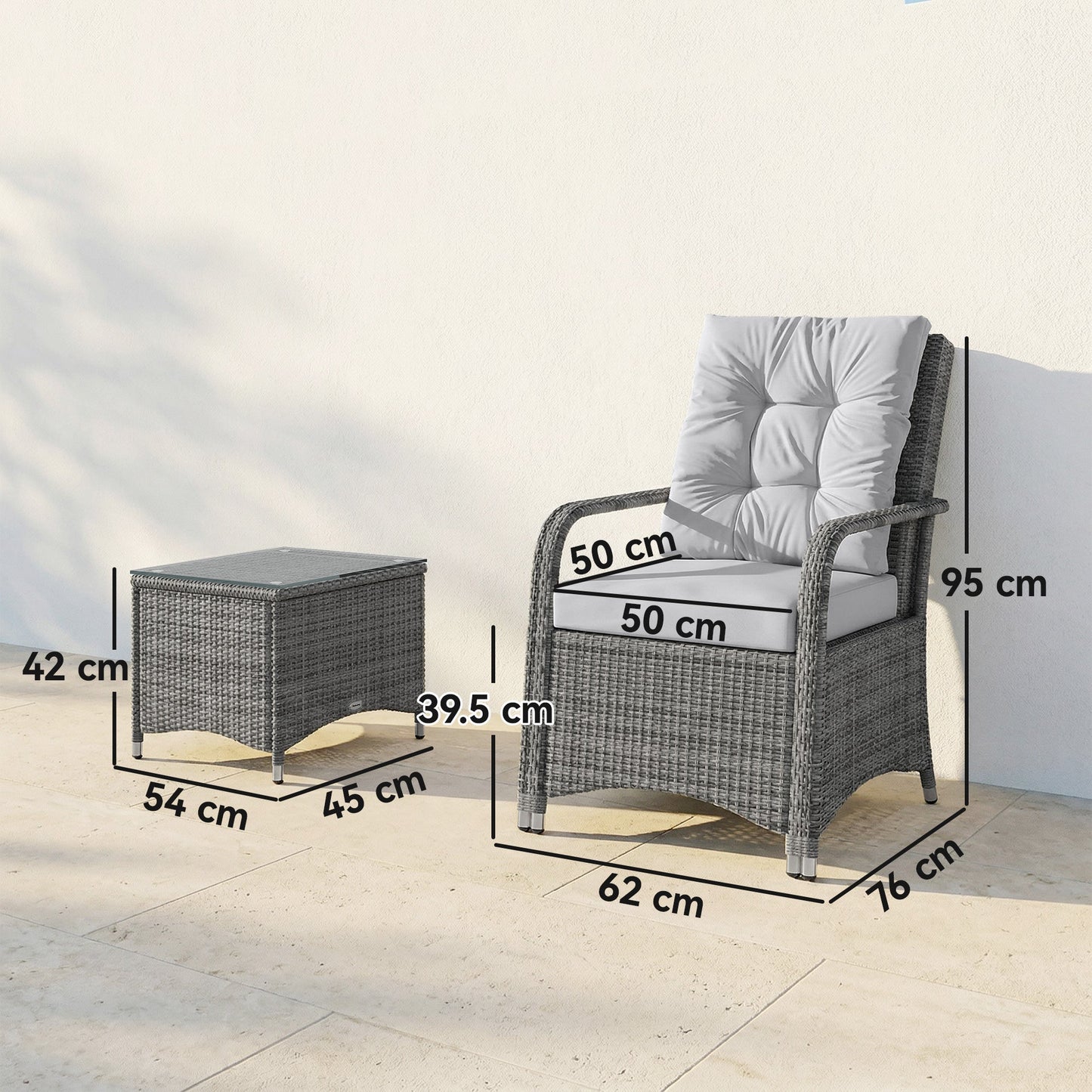 Outsunny 3 Pieces Rattan Bistro Set, Wicker Garden Furniture Set with Metal Frame, Cover, Glass Top Coffee Table, Light Grey