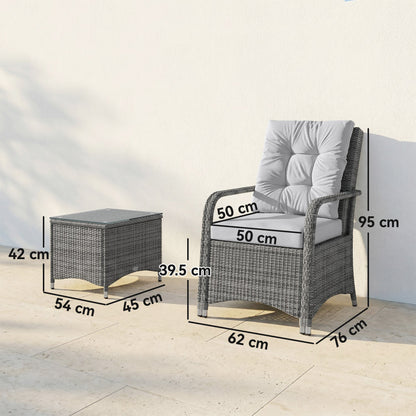 Outsunny 3 Pieces Rattan Bistro Set, Wicker Garden Furniture Set with Metal Frame, Cover, Glass Top Coffee Table, Light Grey