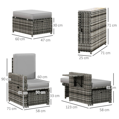Outsunny Rattan Sun Lounger w/ Storage Tea Table & Footstools, Grey