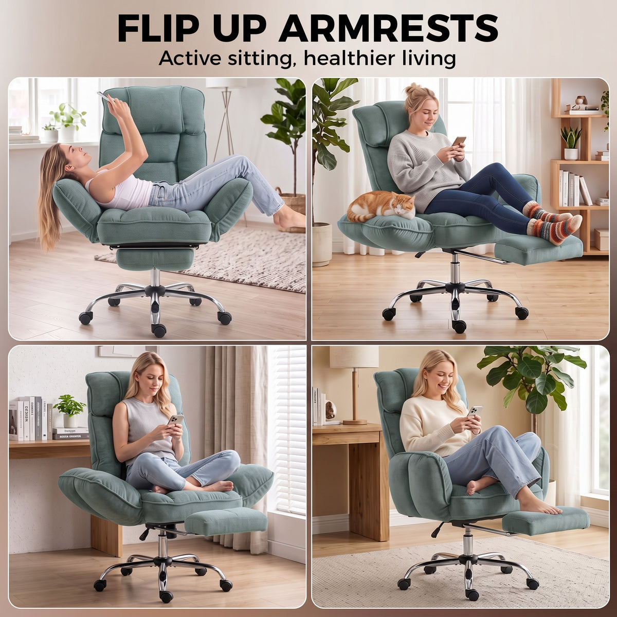 HOMCOM Executive Office Chair Height Adjustable Desk Chair Reclining Flip-up Armrest Footrest, Light Green