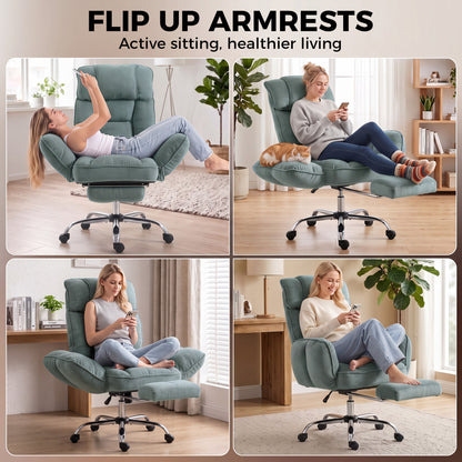 HOMCOM Executive Office Chair Height Adjustable Desk Chair Reclining Flip-up Armrest Footrest, Light Green