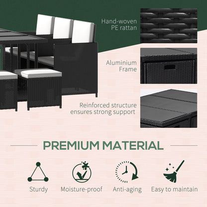 طقم طعام من الروطان من Outsunny، طقم أثاث حديقة، فناء، 11 قطعة مع وسادة، أسود/أبيض حليبي