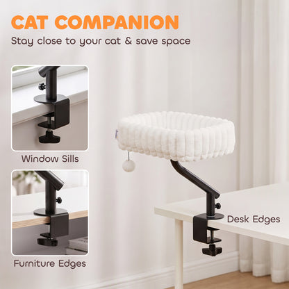 PawHut Cat Desk Bed, Rotatable Raised Cat House for Desk, Window, Soft Kitten Hammock with Hanging Ball, White