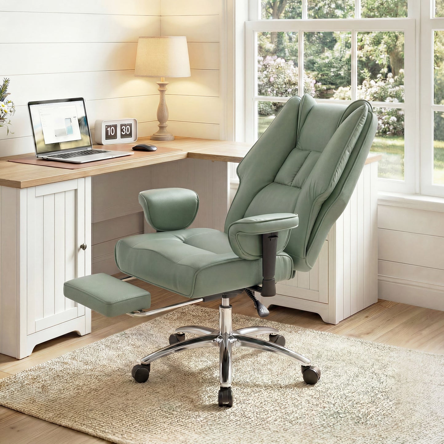 HOMCOM Executive Office Chair, Reclining Desk Chair with Footrest, Adjustable Armrests, Pet Friendly Faux Leather, Green