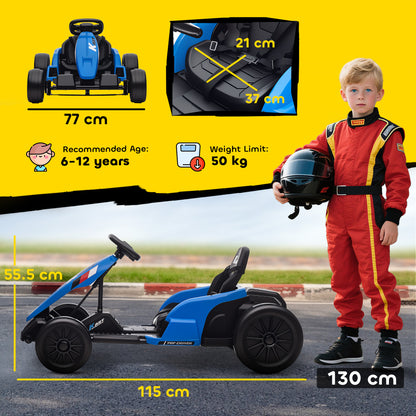 AIYAPLAY 24V Electric Go Kart, Drift Kart with Adjustable Seat, Slow Start, 5-Point Harness, Music, Horn, for 6-12 Years, Blue