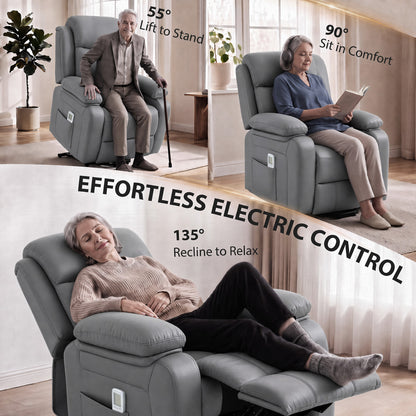 HOMCOM Riser and Recliner Chair with Massage, PU Leather Power Electric Lift Chair for Elderly with High Back, Grey