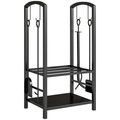 Outsunny Metal Firewood Log Holder 2 Layer Firewood Rack Indoor Outdoor Fireplace Wood Storage Shelf with 4 Tools and Hooks, Black, 40L x 30W x 74.5H cm