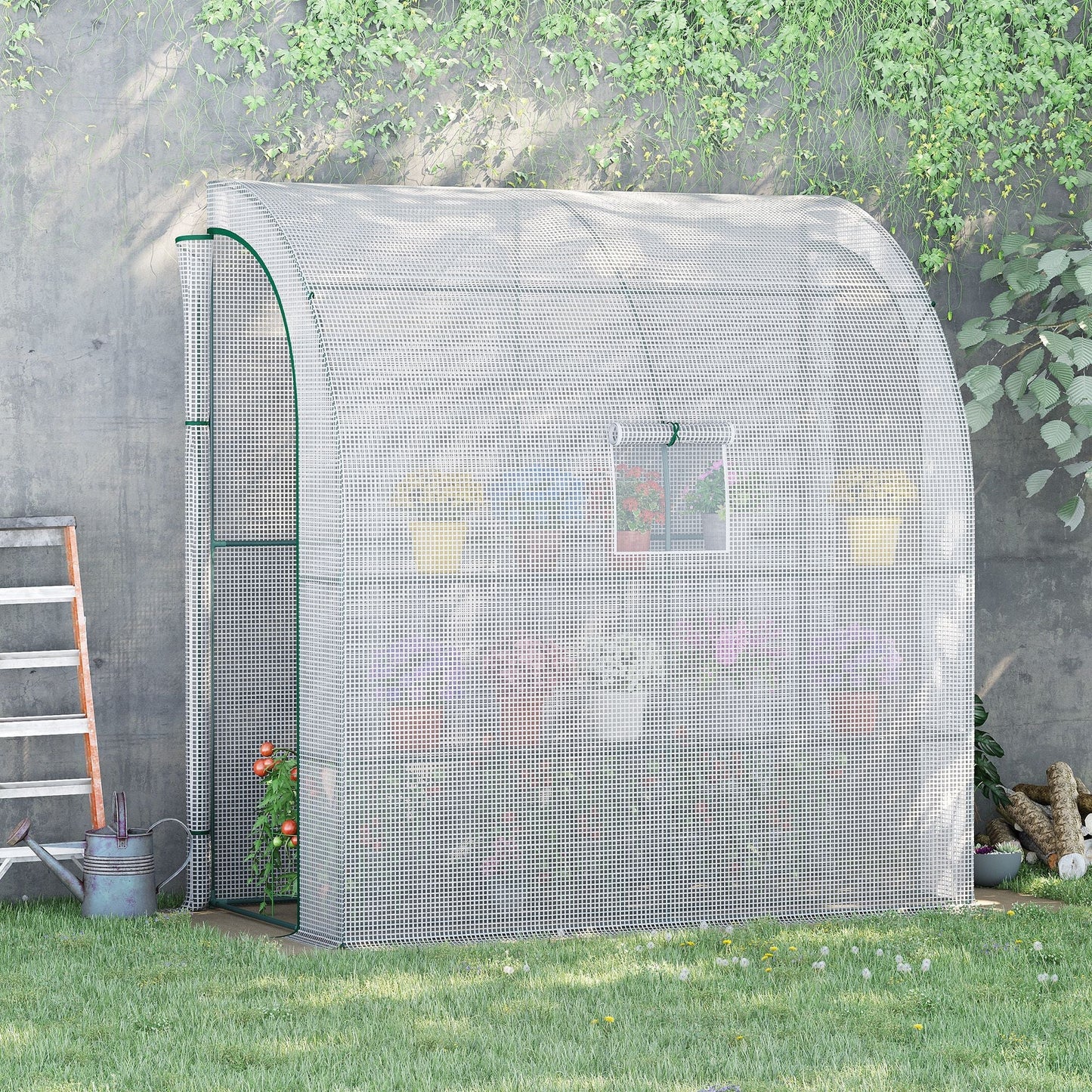 Outsunny Walk-In Lean to Wall Greenhouse with Windows and Doors, Outdoor Green House with 3 Tiers 4 Wired Shelves, 200L x 100W x 215Hcm, White