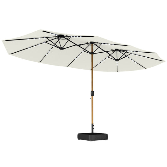 Outsunny Double Sided Garden Parasol with Base Included & 48 Solar LED Lights Patio Umbrella Crank Handle 4.6m Cream White