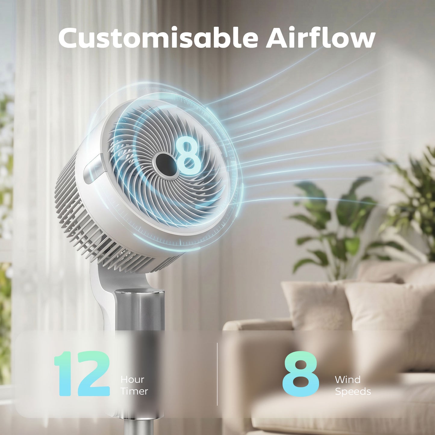 HOMCOM 20 dB Silent Standing Fan for Bedroom, 44" Pedestal Fan with 90° Oscillating, 8 Speeds and LED Light, White