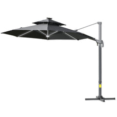 Outsunny 3m Cantilever Parasol w/ Solar Lights Power Bank Base 360 Spin Dark Grey