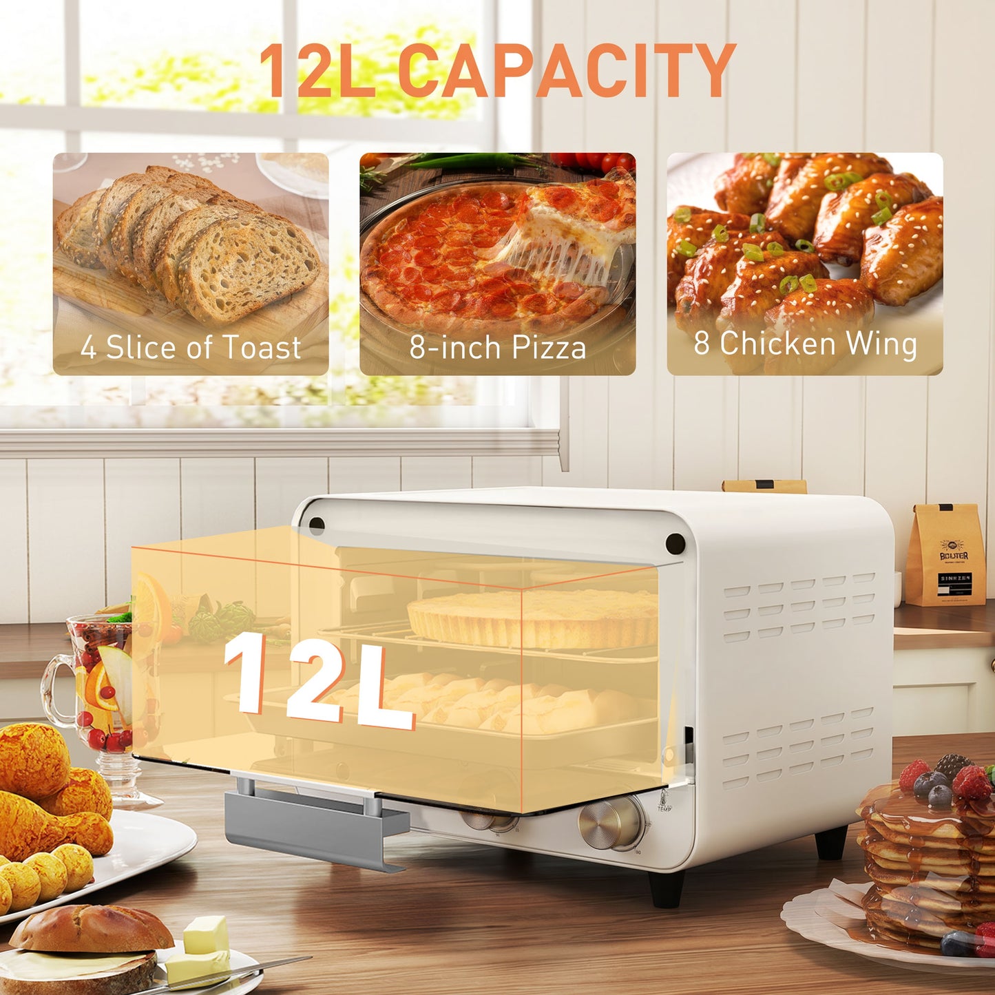 HOMCOM Mini Oven, Small Toaster Oven with Glass Door, Adjustable Temperature and Timer, Accessory Included, 750W, Cream White