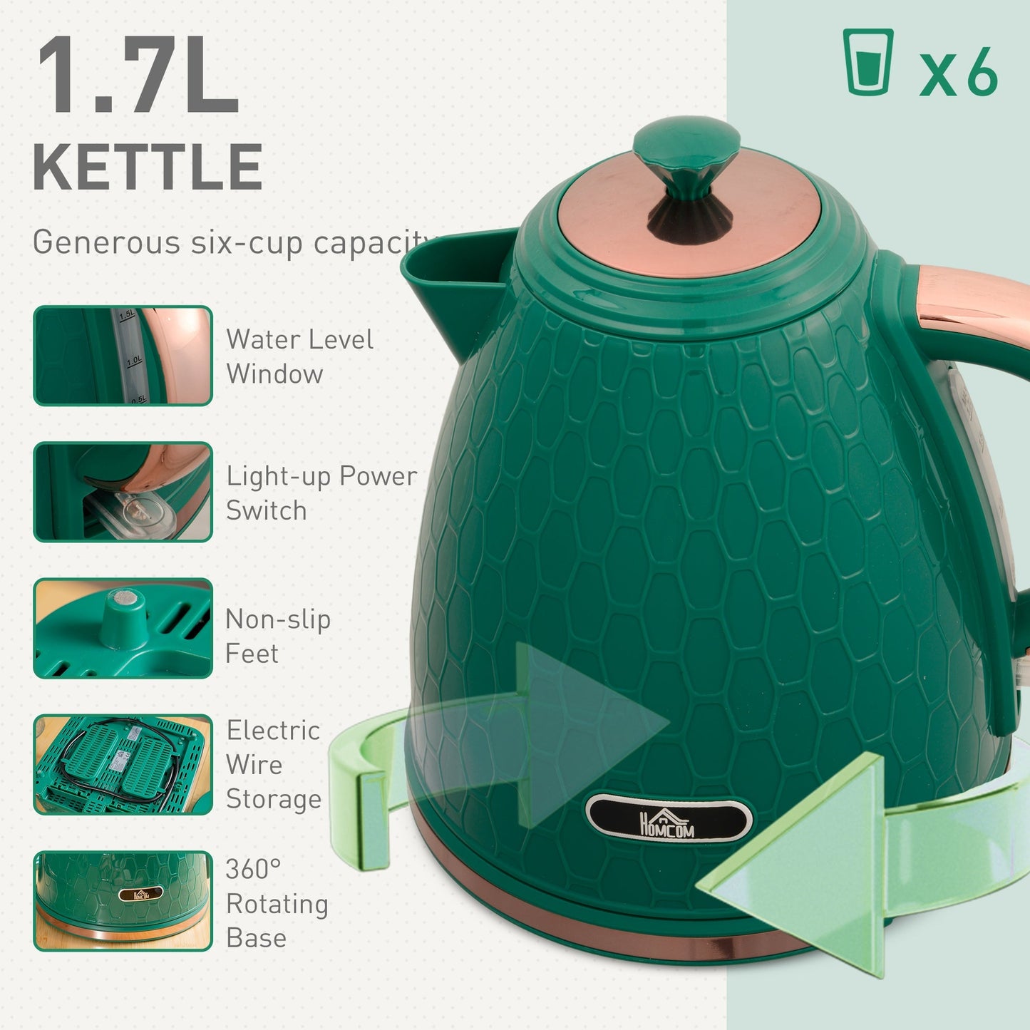HOMCOM Kettle and Toaster Set, 1.7L 3000W Fast Boil Jug Kettle with Auto Shut Off, 4 Slice Toaster with 7 Level Browning Controls & Crumb Tray, UK Otter Thermostat, Green