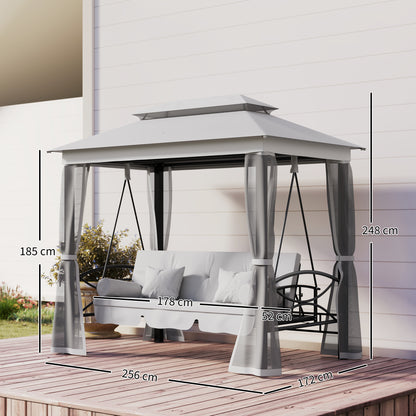 Outsunny 3 Seater Convertible Swing Chair, Outdoor Gazebo Swing Seat Bed with Double Tier Canopy, Cushioned Seat, Mesh Sidewalls, Light Grey