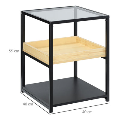 HOMCOM Glass Top Side Table, 3-Tier End Table with Storage Shelves, Nightstand with Steel Frame for Bedroom