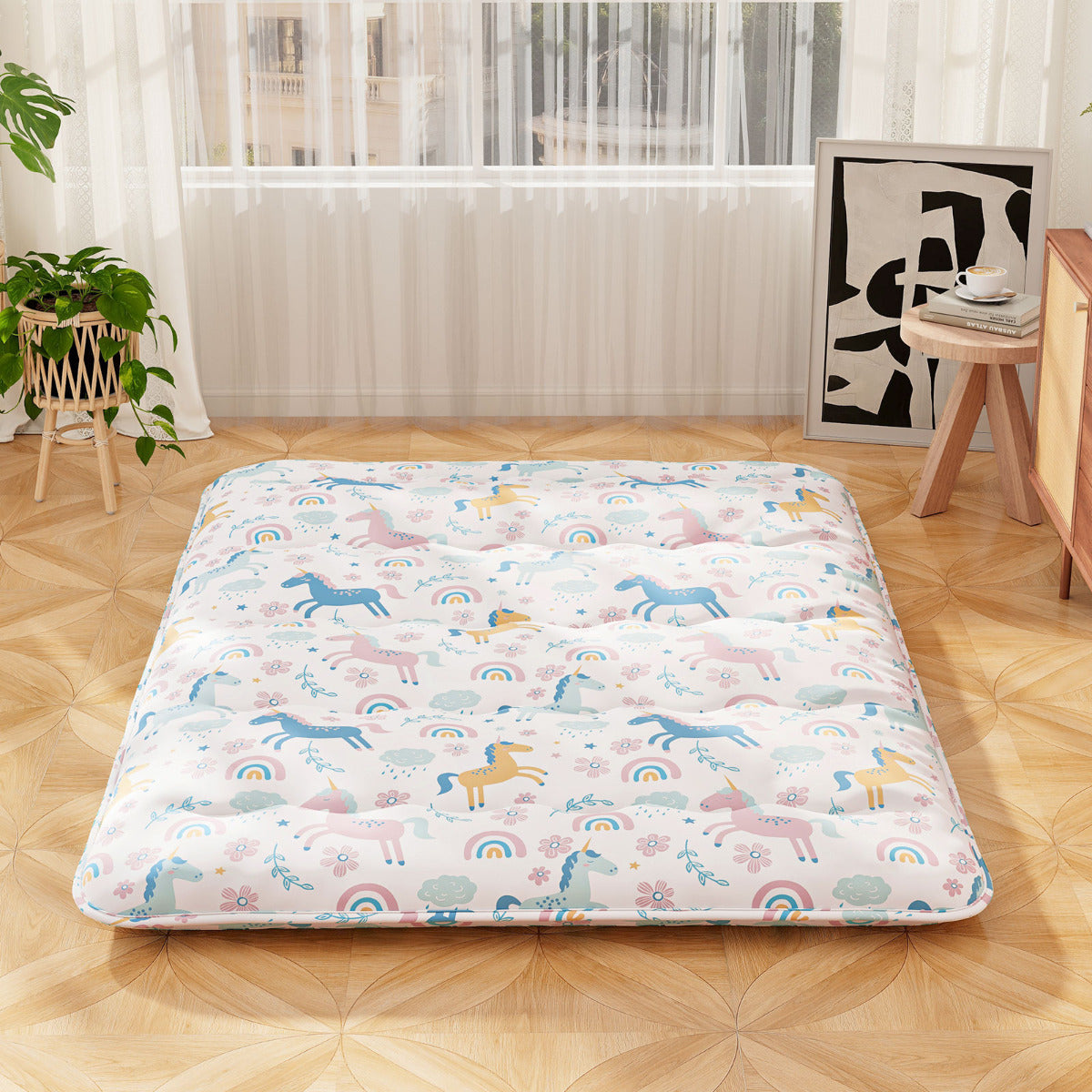 Japanese Floor Mattress with Washable Cover and Carry Bag-Rainbow-Compact Double