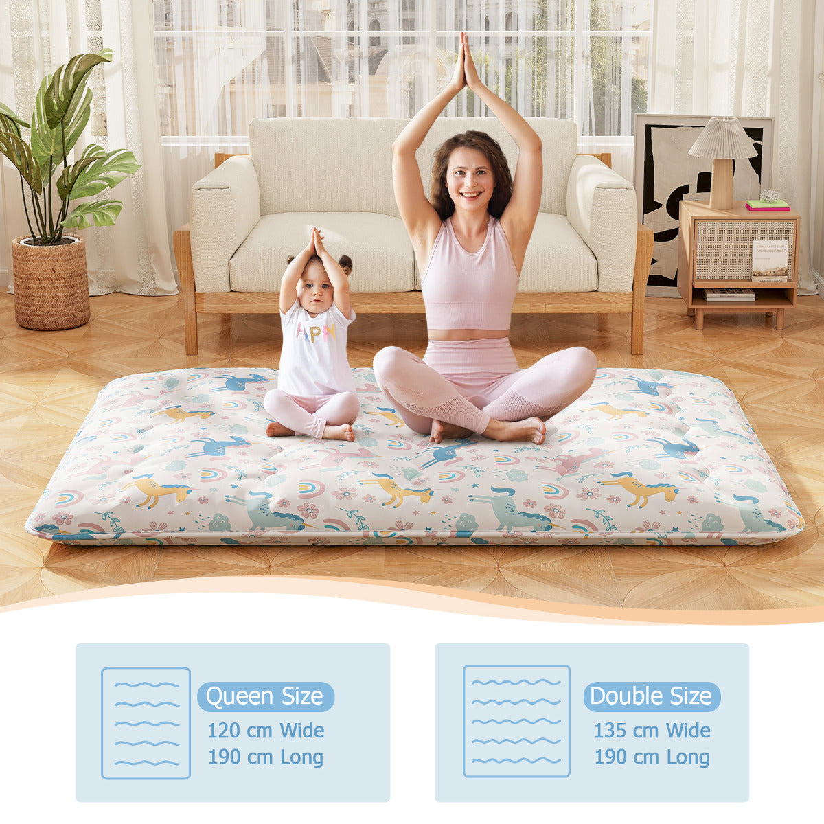 Japanese Floor Mattress with Washable Cover and Carry Bag-Rainbow-Compact Double