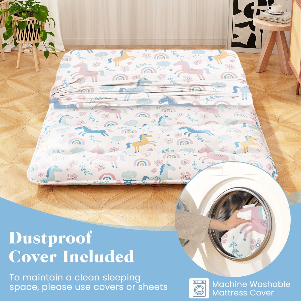 Japanese Floor Mattress with Washable Cover and Carry Bag-Rainbow-Compact Double