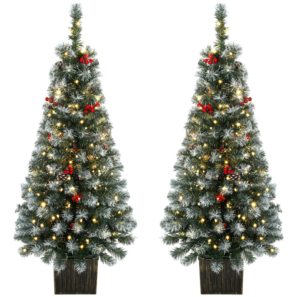 HOMCOM 4ft Pre-Lit Slim Artificial Christmas Tree Set of 2, with 100 Dual-Colour LED Lights, 140 Frosted Branch Tips