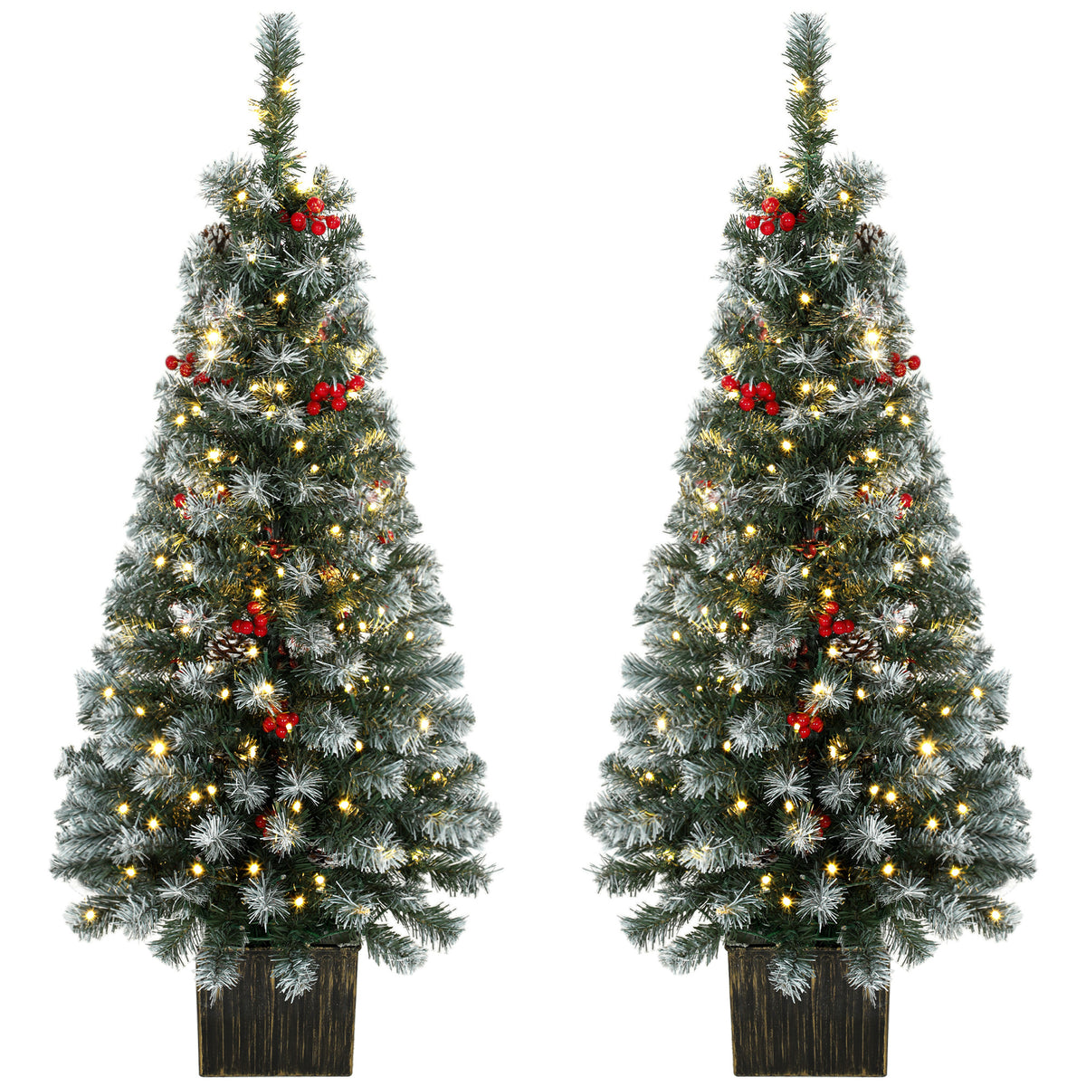 HOMCOM 4ft Pre-Lit Slim Artificial Christmas Tree Set of 2, with 100 Dual-Colour LED Lights, 140 Frosted Branch Tips