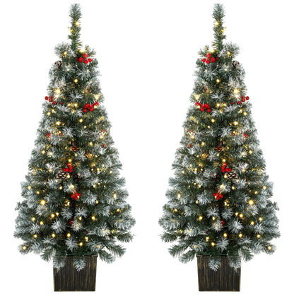 HOMCOM 4ft Pre-Lit Slim Artificial Christmas Tree Set of 2, with 100 Dual-Colour LED Lights, 140 Frosted Branch Tips