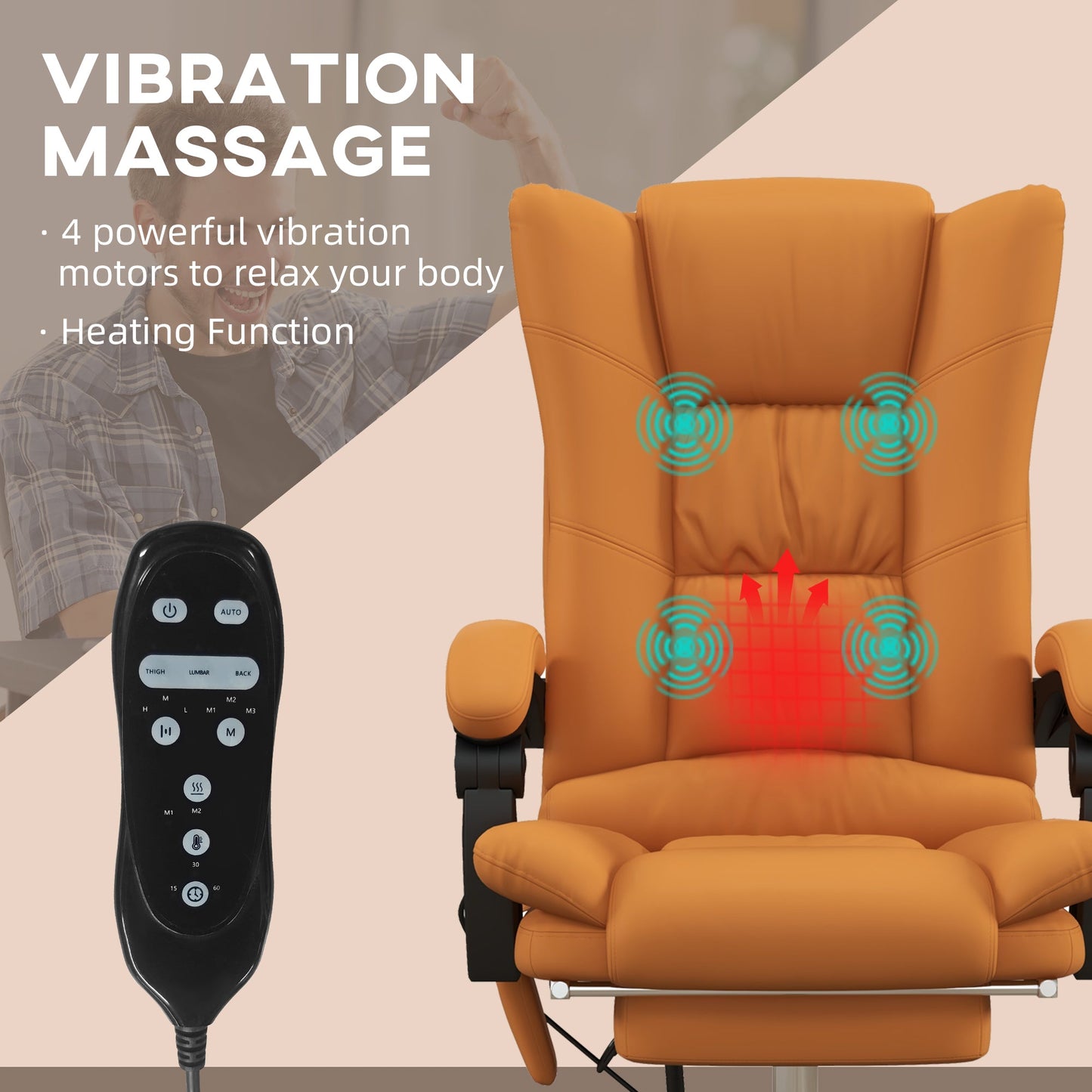 Vinsetto Vibration Massage Office Chair with Heat, PU Leather Computer Chair with Footrest, Armrest, Reclining Back, Light Brown