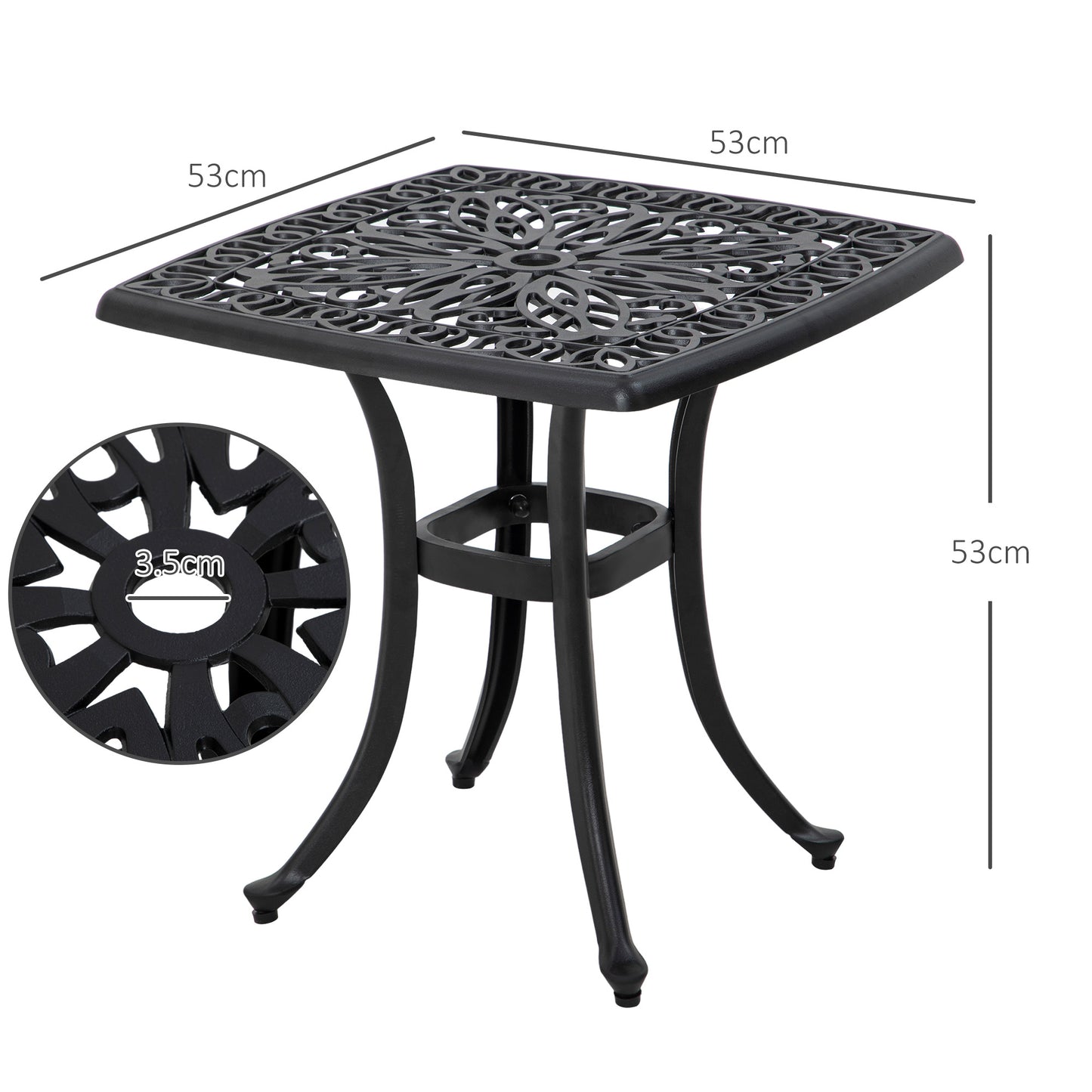 Outsunny Cast Aluminium Bistro Table, Outdoor Square Side Table with Umbrella Hole, Garden Table for Balcony, Black