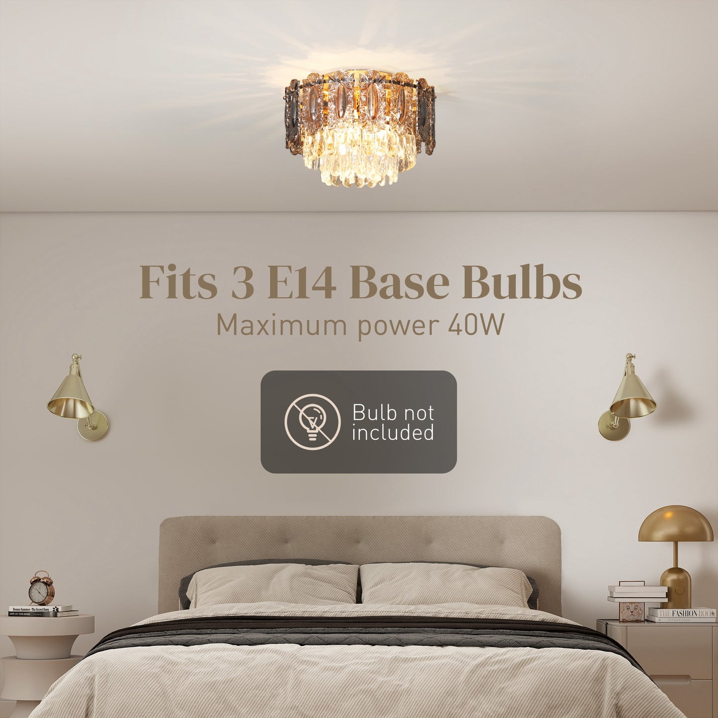 HOMCOM Chandelier Ceiling Light, 3-Light Vintage Flush Mount Fixture with Dual Crystal and Smoke Glass Shade, LED Ceiling Light for Living Room Bedroom, 3 E27 Sockets, Bulbs Not Included, Gold Tone