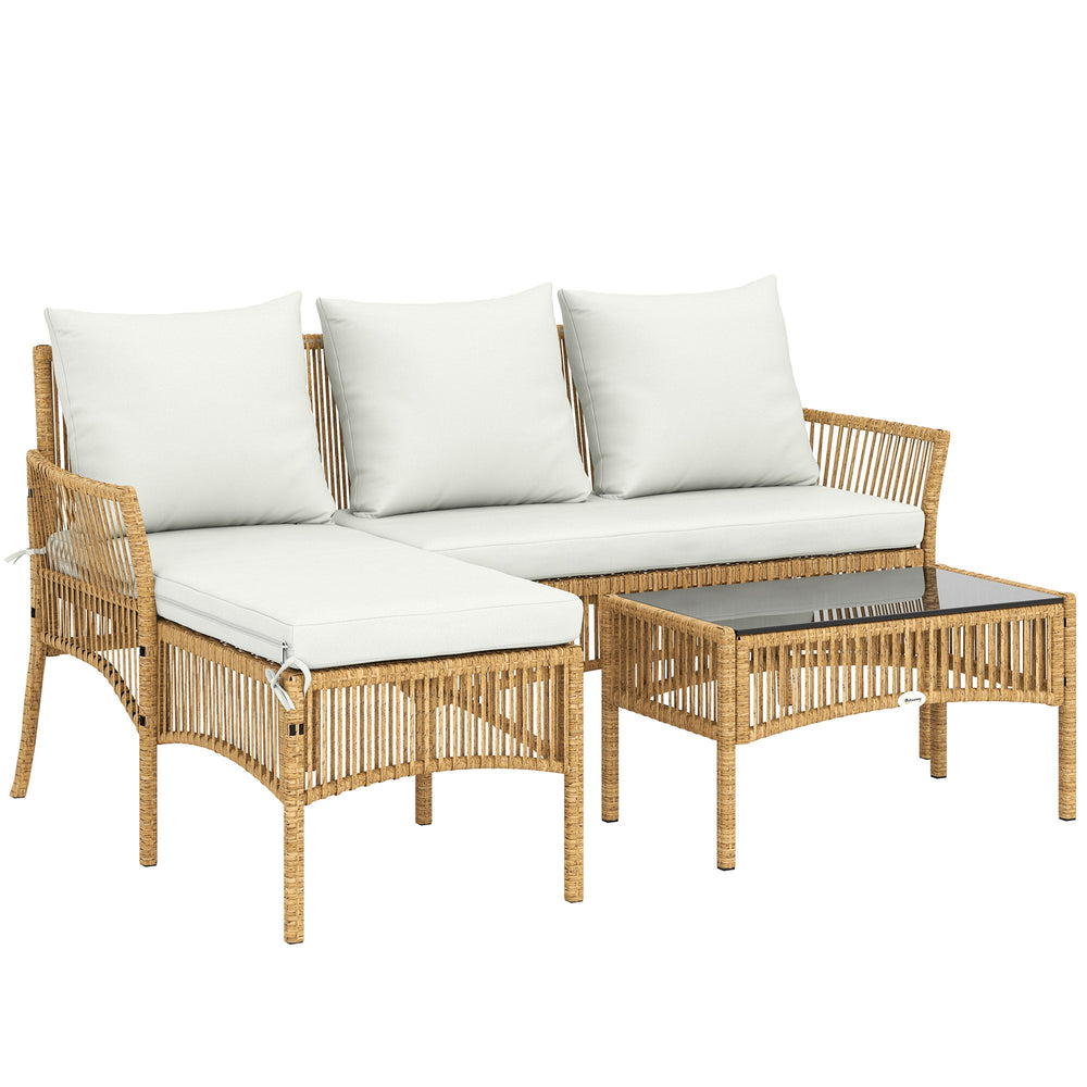 Outsunny 3 Piece Rattan Garden Furniture Corner Sofa Set with Chaise Lounge, Loveseat, Glass Coffee Table, Cushions, Natural Wood
