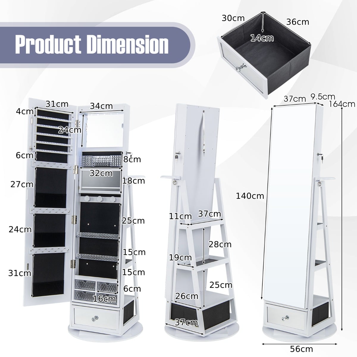 360° Swivel Lockable Jewelry Armoire Cabinet with Full-Length Mirror-White