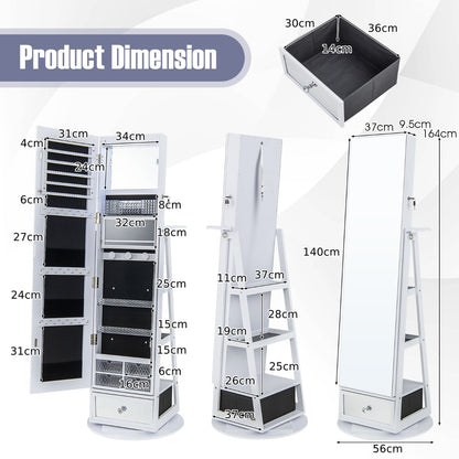 360° Swivel Lockable Jewelry Armoire Cabinet with Full-Length Mirror-White