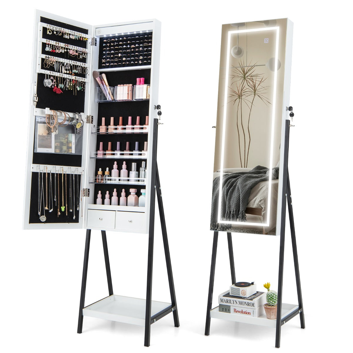 LED Standing Jewelry Mirror Cabinet with 3-Color Lighted Full-Length Mirror-White