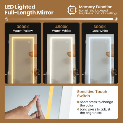 LED Standing Jewelry Mirror Cabinet with 3-Color Lighted Full-Length Mirror-White