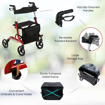 2 in 1 Walker Aluminium Mobility Walking Aid with Seat Adjustable-Red