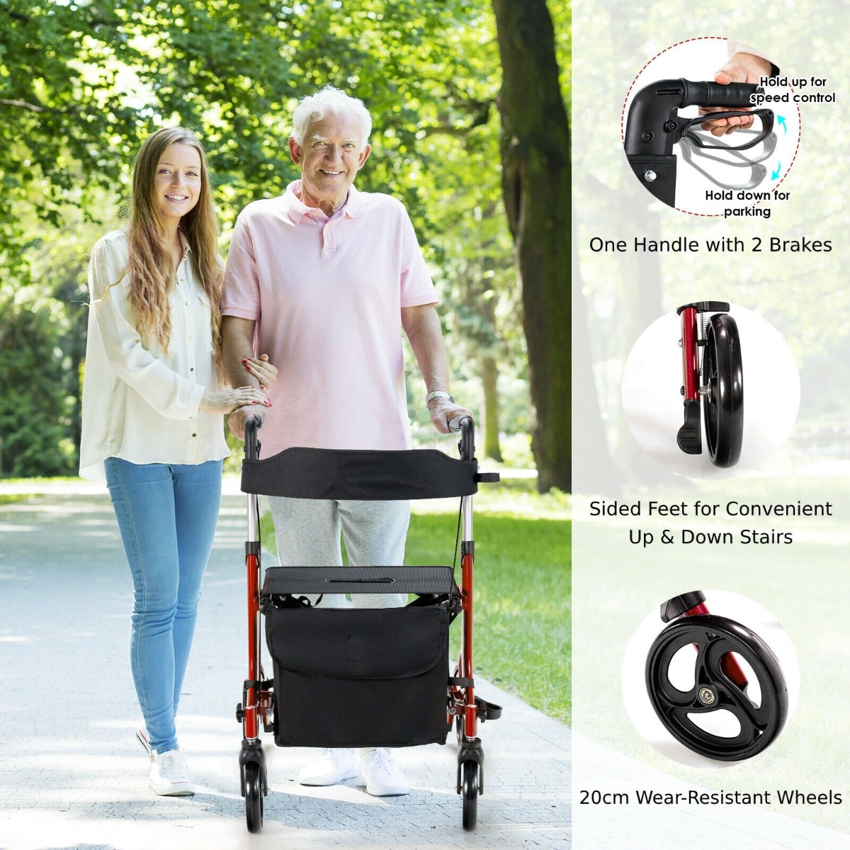 2 in 1 Walker Aluminium Mobility Walking Aid with Seat Adjustable-Red