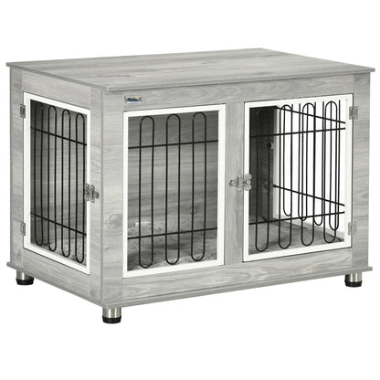 PawHut Dog Crate Furniture End Table, with Washable Cushion, Double Doors, for Medium/Large Dogs, Grey