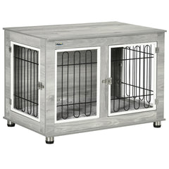 PawHut Dog Crate Furniture End Table, with Washable Cushion, Double Doors, for Medium/Large Dogs, Grey