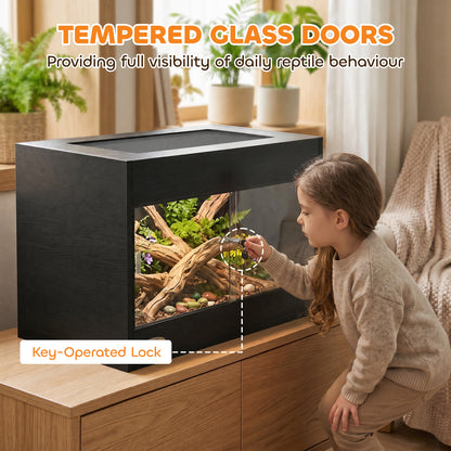 PawHut Reptile Terrarium, Reptile Vivarium with Glass Doors, Secure Lock, Top Ventilation for Snake, Gecko, 60x45x45cm, Black
