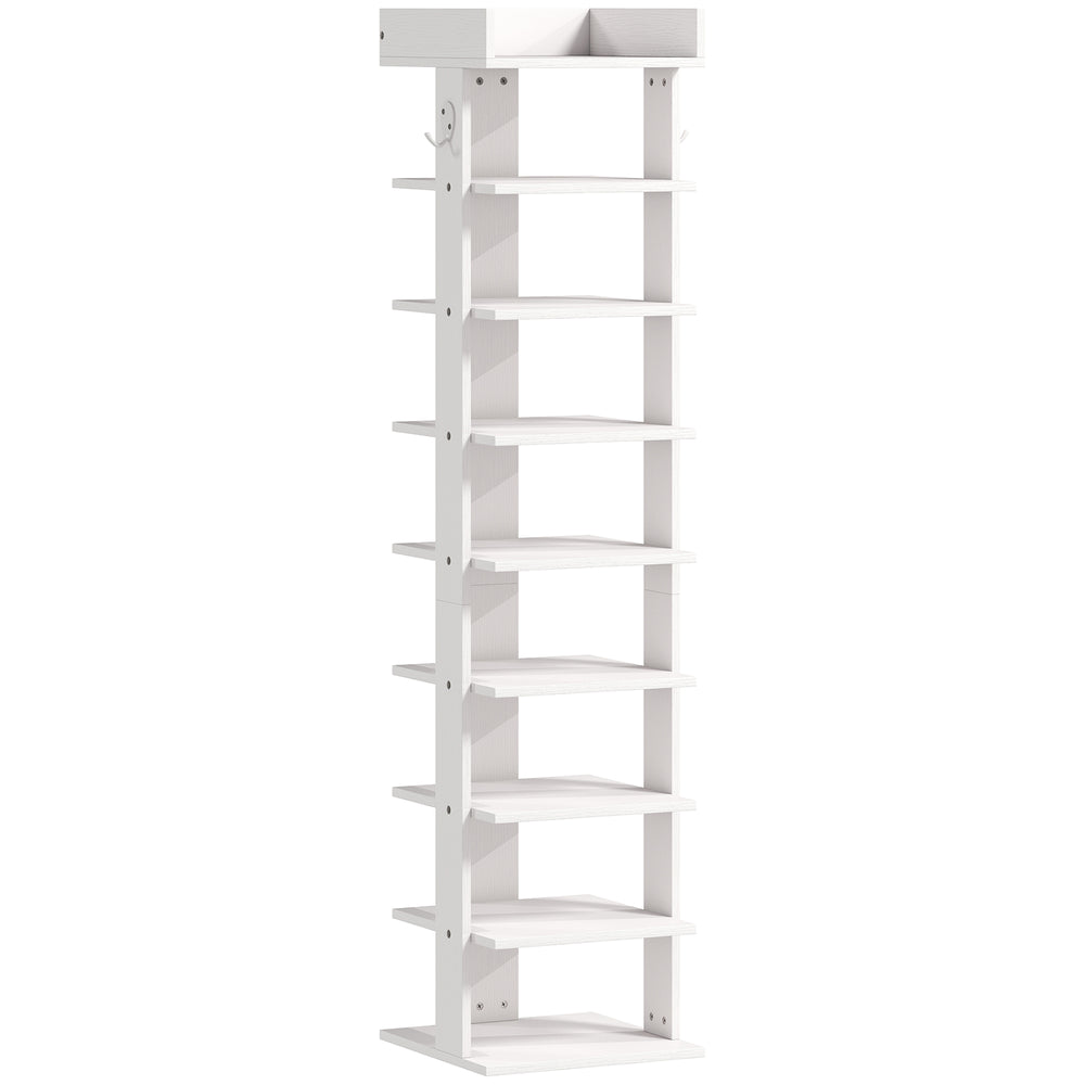 HOMCOM Shoe Rack 9-Tier Shoe Storage Organiser Top Tray Guardrail 2 Hooks 30 x 30 x 128.4 cm White