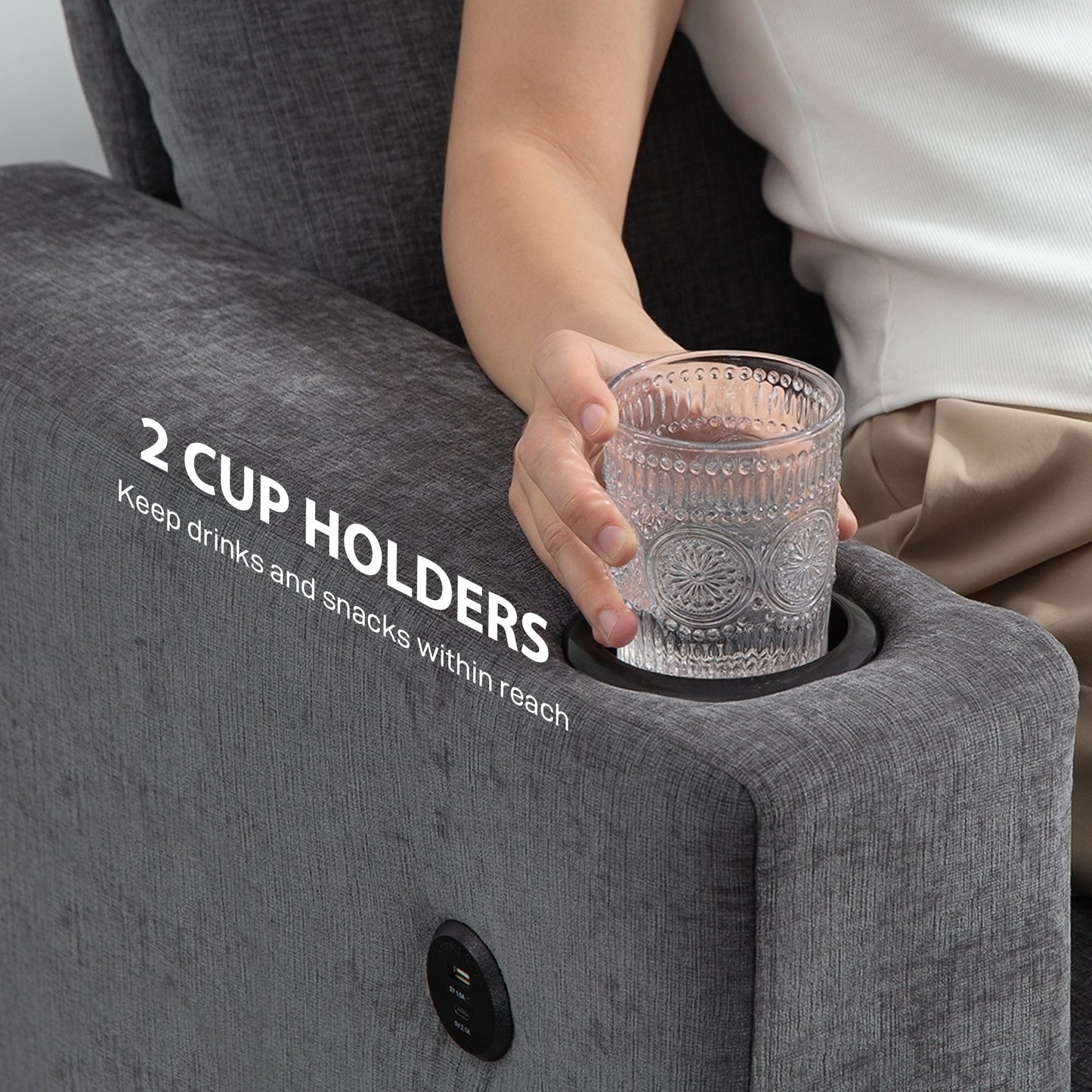 HOMCOM 3 Seater Sofa with USB Ports & Cup Holders - Grey