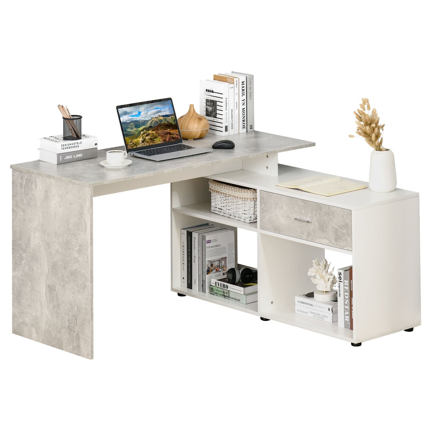 HOMCOM Corner Desk with Drawers and Shelves, L-Shaped Computer Desk Home Office Workstation Study Table, Grey and White