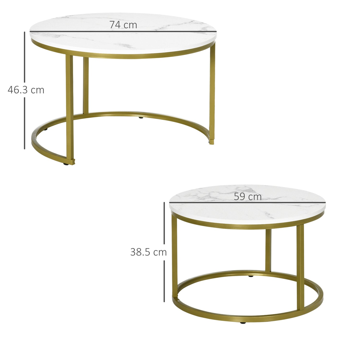 HOMCOM Coffee Table Set of 2, Round Nest of Tables with Faux Marble Tabletop and Metal Frame, Modern Side Tables for Living Room, White