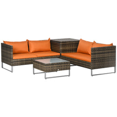 Outsunny 4 Piece Rattan Garden Furniture Set, Outdoor Corner Sofa Set with Storage Table, Loveseats, Cushions - Orange