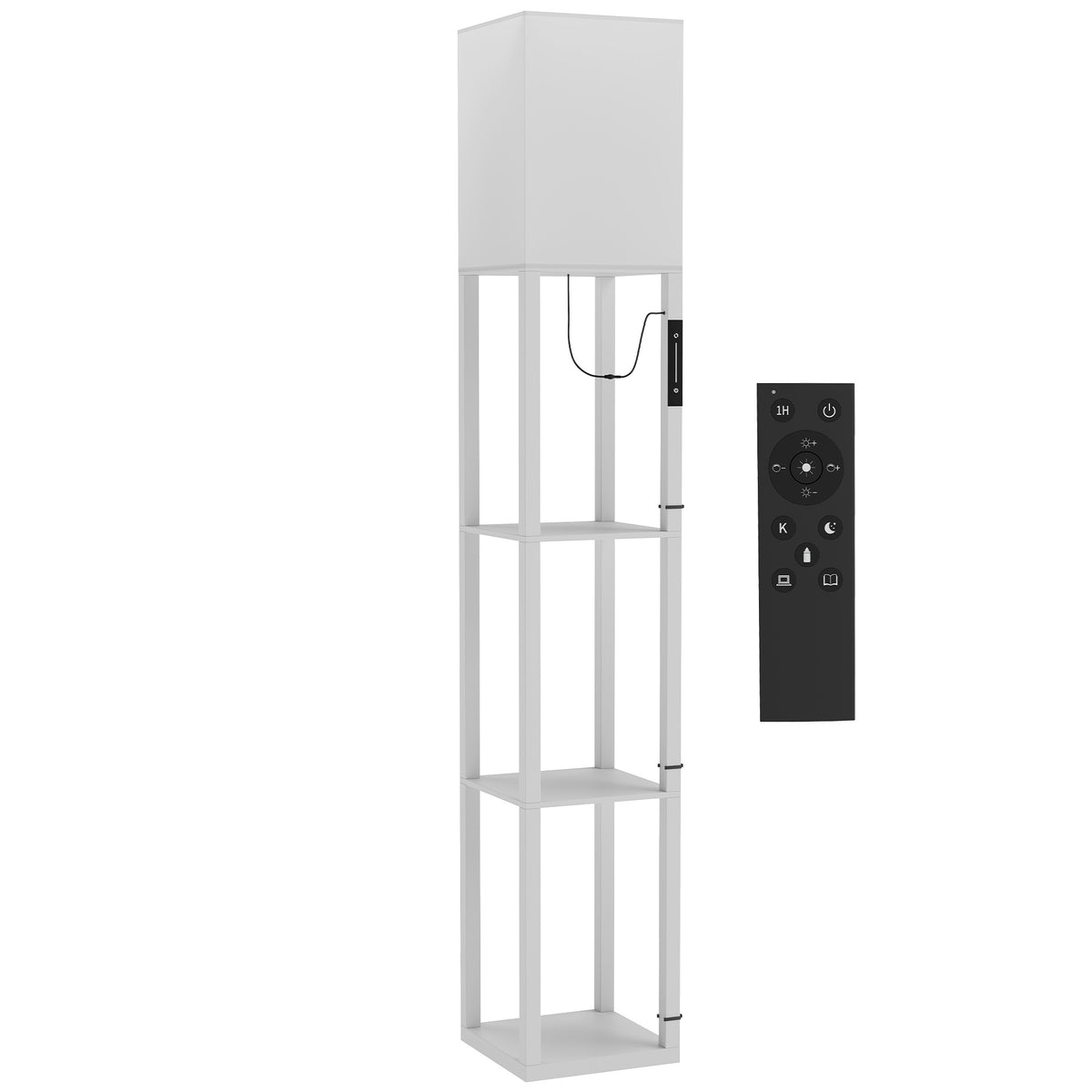 HOMCOM Floor Lamp with Shelves, Modern Dimmable Standing Lamp with Fabric Lampshade, Adjustable Colour Temperature, White