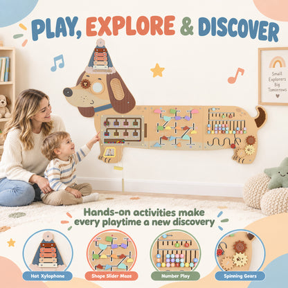 AIYAPLAY Montessori Inspired Busy Board, Wooden Dachshund Sensory Wall Panel for kids Touch, Feel & Learn, Classroom, Playroom