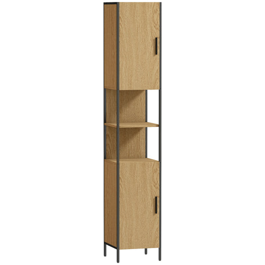 HOMCOM Tall Bathroom Cabinet with 2 Doors, Open Compartments and Adjustable Shelves - Natural Wood Finish