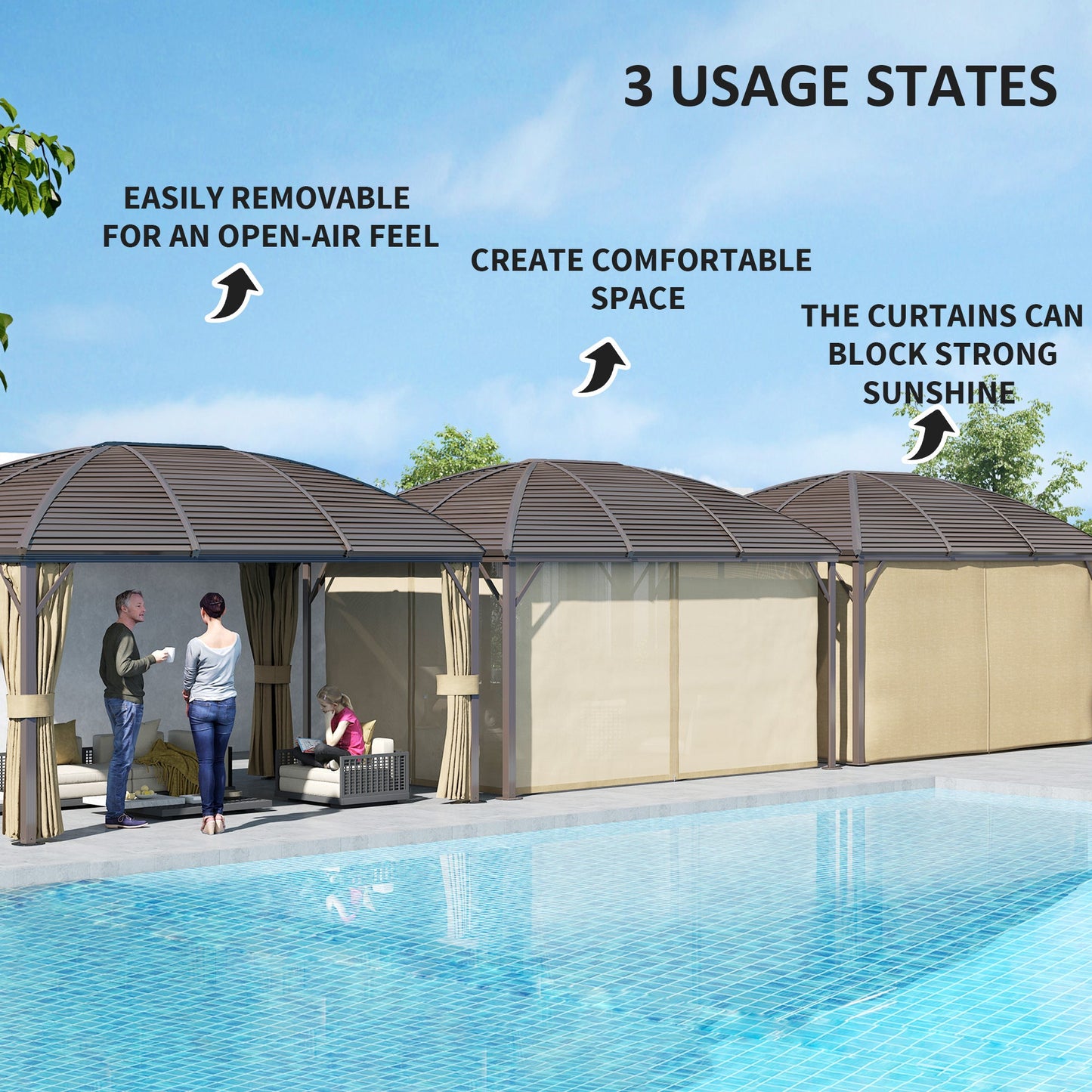 Outsunny 3 x 4m Hardtop Gazebo Canopy with Metal Roof, Aluminium Gazebo Permanent Pavilion with Netting and Curtains, Brown